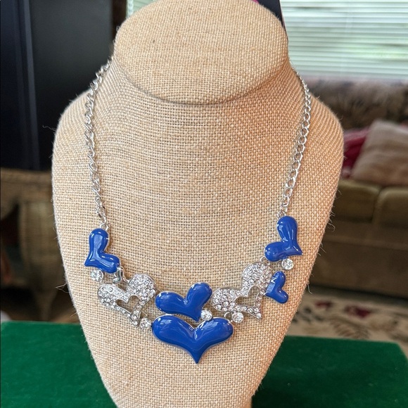 Blue and Silver Heart Necklace and Earrings - Picture 1 of 5